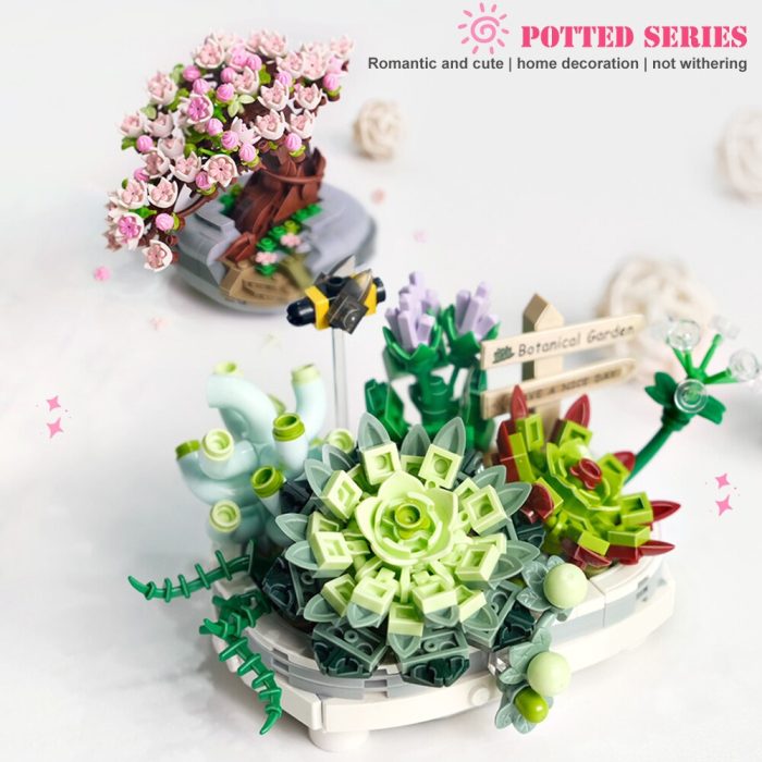 BZDA Mini Block Pink Cherry Blossom DIY Succulents Potted Flowers Assembled Building Blocks Plants Women Gift 1 - LEPIN LEPIN Store