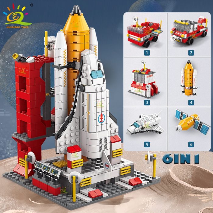 HUIQIBAO 1000PCS 6IN1 Space Aerospace Launch Rocket Building Block Model Ideas Astronaut Architecture Bricks Toys For 3 - LEPIN LEPIN Store