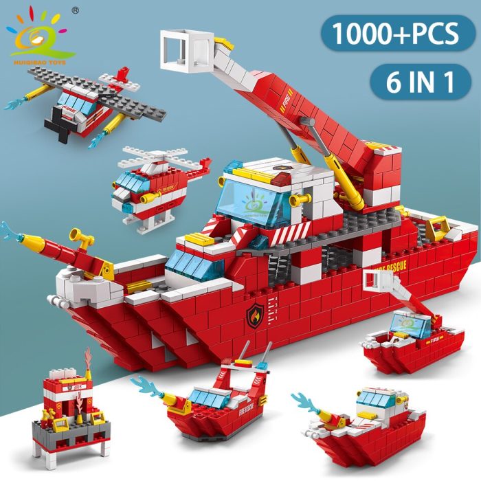 HUIQIBAO 1000pcs 6in1 City Fire Station Ship Truck Model Building Blocks Firefighting Boat Set Bricks Toy 1 - LEPIN LEPIN Store