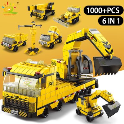 HUIQIBAO 1000pcs 6in1 Engineering Crane Truck Building Blocks City Construction Bricks Bulldozer Car Set For Children 2 - LEPIN LEPIN Store