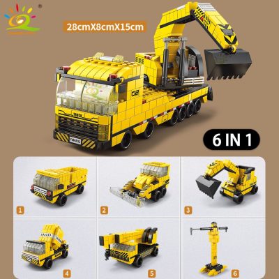 HUIQIBAO 1000pcs 6in1 Engineering Crane Truck Building Blocks City Construction Bricks Bulldozer Car Set For Children 4 - LEPIN LEPIN Store