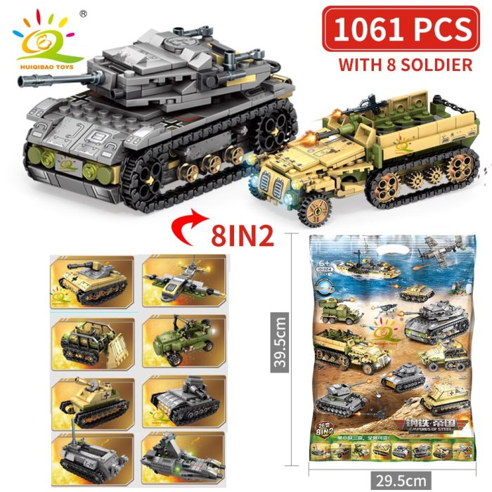 HUIQIBAO 1061PCS 8in2 WW2 Army Truck Tank Building Block Military Car Plane Weapon Soldier Figure Model 1 - LEPIN LEPIN Store