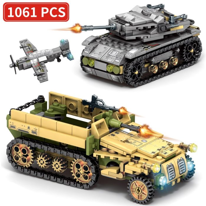 HUIQIBAO 1061PCS 8in2 WW2 Army Truck Tank Building Block Military Car Plane Weapon Soldier Figure Model 2 - LEPIN LEPIN Store