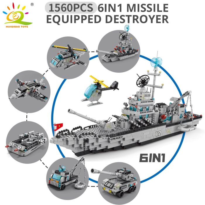 HUIQIBAO 1560pcs Military 6in1 Aircraft Warship Cruiser Building Blocks Helicopter Ship Plane Army Bricks Set City 2 - LEPIN LEPIN Store