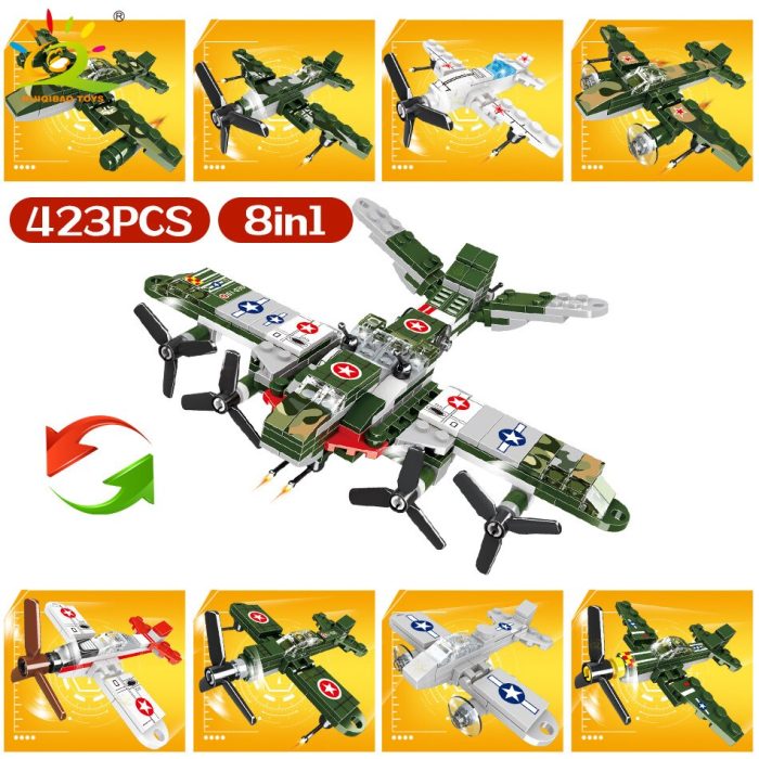 HUIQIBAO 423PCS 8in1 WW2 Combat Airplane Building Blocks Plane Model Military Army Bricks City Constrution Children 2 - LEPIN LEPIN Store