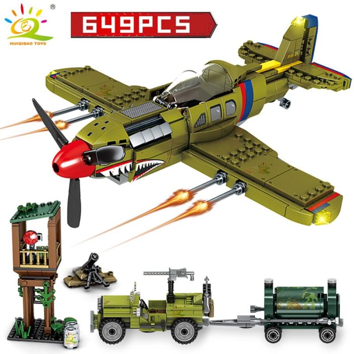 HUIQIBAO 649pcs WW2 US Army P 40 Fighter Building Block Airplane Military City Olane Truck Car 1 - LEPIN LEPIN Store