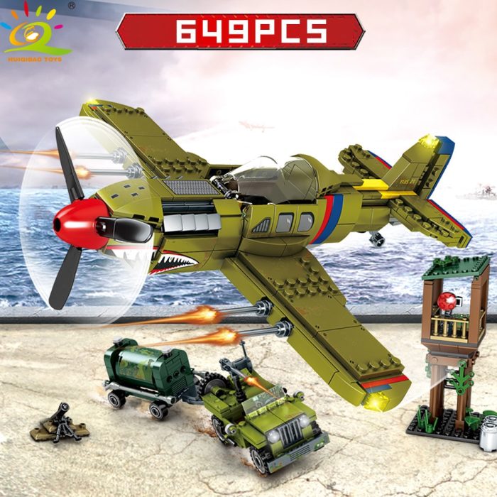 HUIQIBAO 649pcs WW2 US Army P 40 Fighter Building Block Airplane Military City Olane Truck Car 2 - LEPIN LEPIN Store