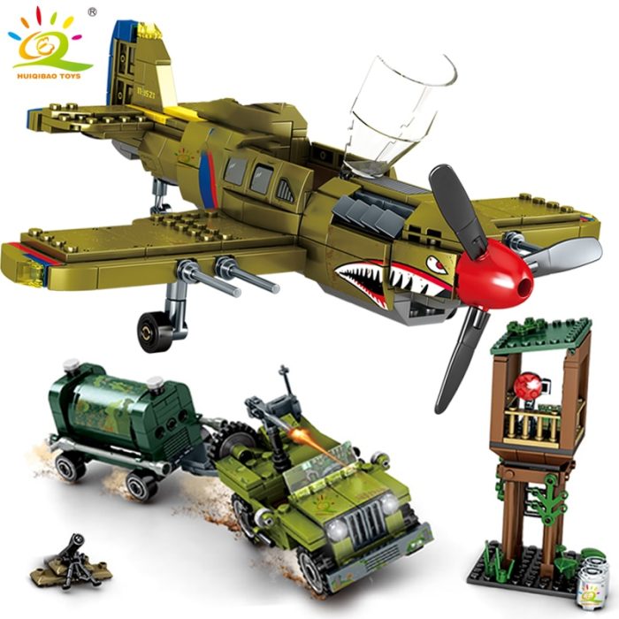 HUIQIBAO 649pcs WW2 US Army P 40 Fighter Building Block Airplane Military City Olane Truck Car - LEPIN LEPIN Store