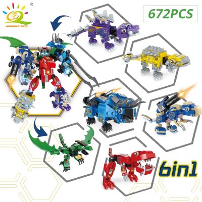 HUIQIBAO 672pcs 6in1 Armor Transformation Dinosaur Robot Building Blocks Dino Mecha Bricks City Construction Toys for 1 - LEPIN LEPIN Store