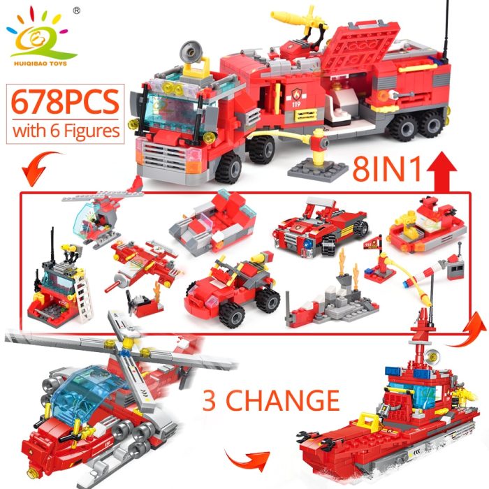 HUIQIBAO 678pcs 8in1 City Fire Truck Model Building Blocks Firefighting Set Fireman Figures Bricks Construction Toy 1 - LEPIN LEPIN Store