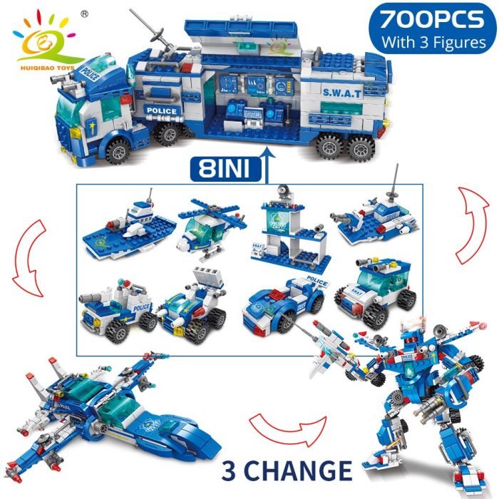 HUIQIBAO 700PCS 8in1 City Police Command Trucks Building Blocks Policeman Robot Car Helicopter Model Bricks Toys 1 - LEPIN LEPIN Store