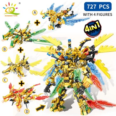 HUIQIBAO 727PCS Gold Ninja Mecha Model Building Blocks 4 in 1 Dragon Robot with Figures City 1 - LEPIN LEPIN Store