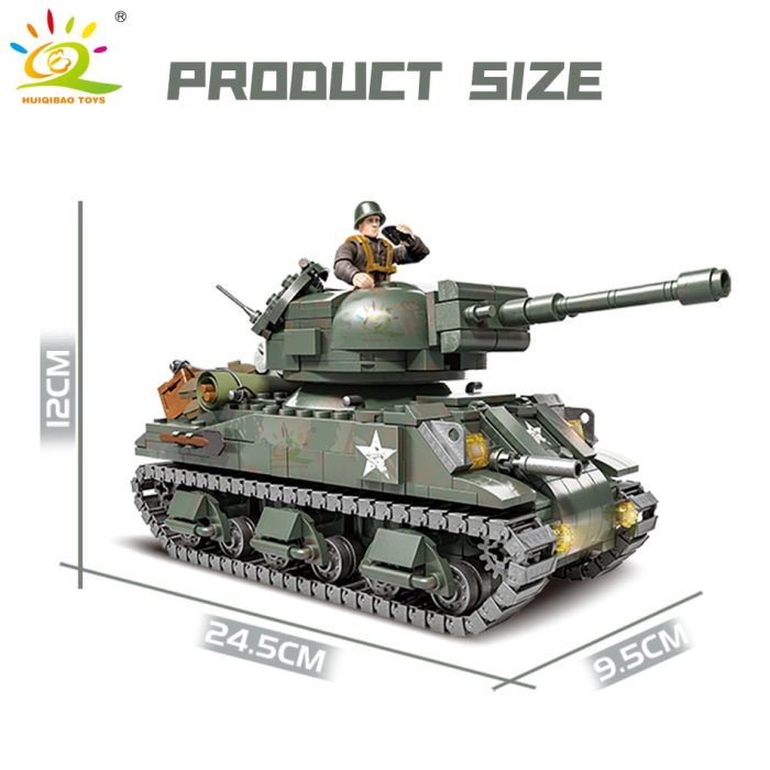 HUIQIBAO 750pcs Military Sherman Tank Model Building Blocks WW2 with 3 Soldier Figures Army Weapon Bricks 1 - LEPIN LEPIN Store