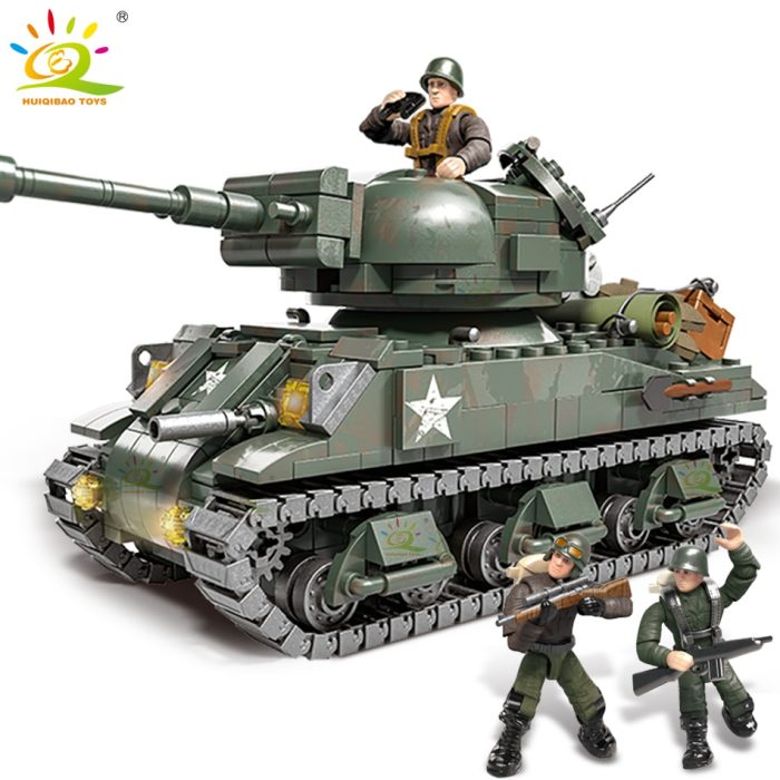 HUIQIBAO 750pcs Military Sherman Tank Model Building Blocks WW2 with 3 Soldier Figures Army Weapon Bricks - LEPIN LEPIN Store