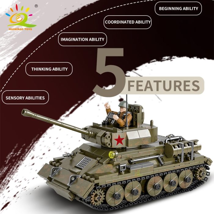 HUIQIBAO 854pcs Military Model Building Blocks WW2 T 34 Medium Tank with 3 Soldier Figures Army 2 - LEPIN LEPIN Store