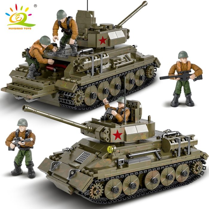 HUIQIBAO 854pcs Military Model Building Blocks WW2 T 34 Medium Tank with 3 Soldier Figures Army - LEPIN LEPIN Store