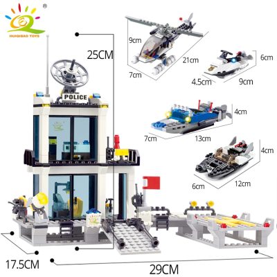 HUIQIBAO City Police Station Building Blocks Prison Truck Helicopter Boat with Policemen Construction Bricks Toys for 3 - LEPIN LEPIN Store