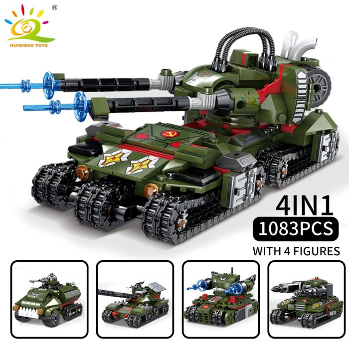 HUIQIBAO Military Tank 1083pcs 4in1 Building Blocks Set WW2 Truck Army Brick with 4 Soldier Figure 1 - LEPIN LEPIN Store