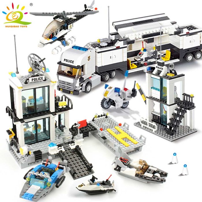 HUIQIBAO Police Station Prison Van Building Blocks Figures City Helicopter Truck Policeman Educational Bricks Toys For 1 - LEPIN LEPIN Store