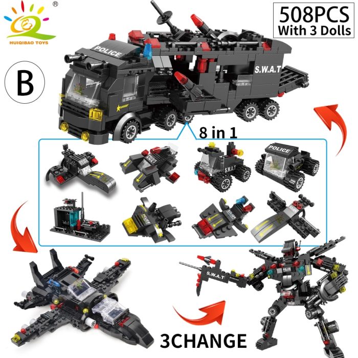 HUIQIBAO SWAT Police Station Truck Model Building Blocks City Machine Helicopter Car Figures Bricks Educational Toy 4 - LEPIN LEPIN Store