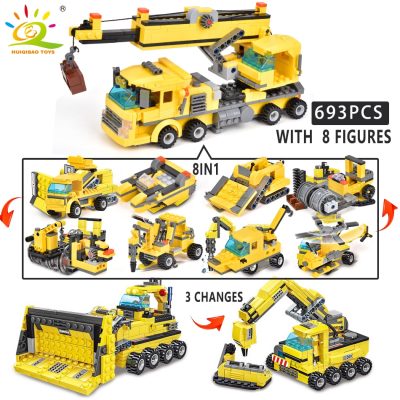 HUIQIBAO TOYS 693pcs 8in1 Engineering Truck Building Blocks Crane Bulldozer Car City Construction Bricks Set For 1 - LEPIN LEPIN Store