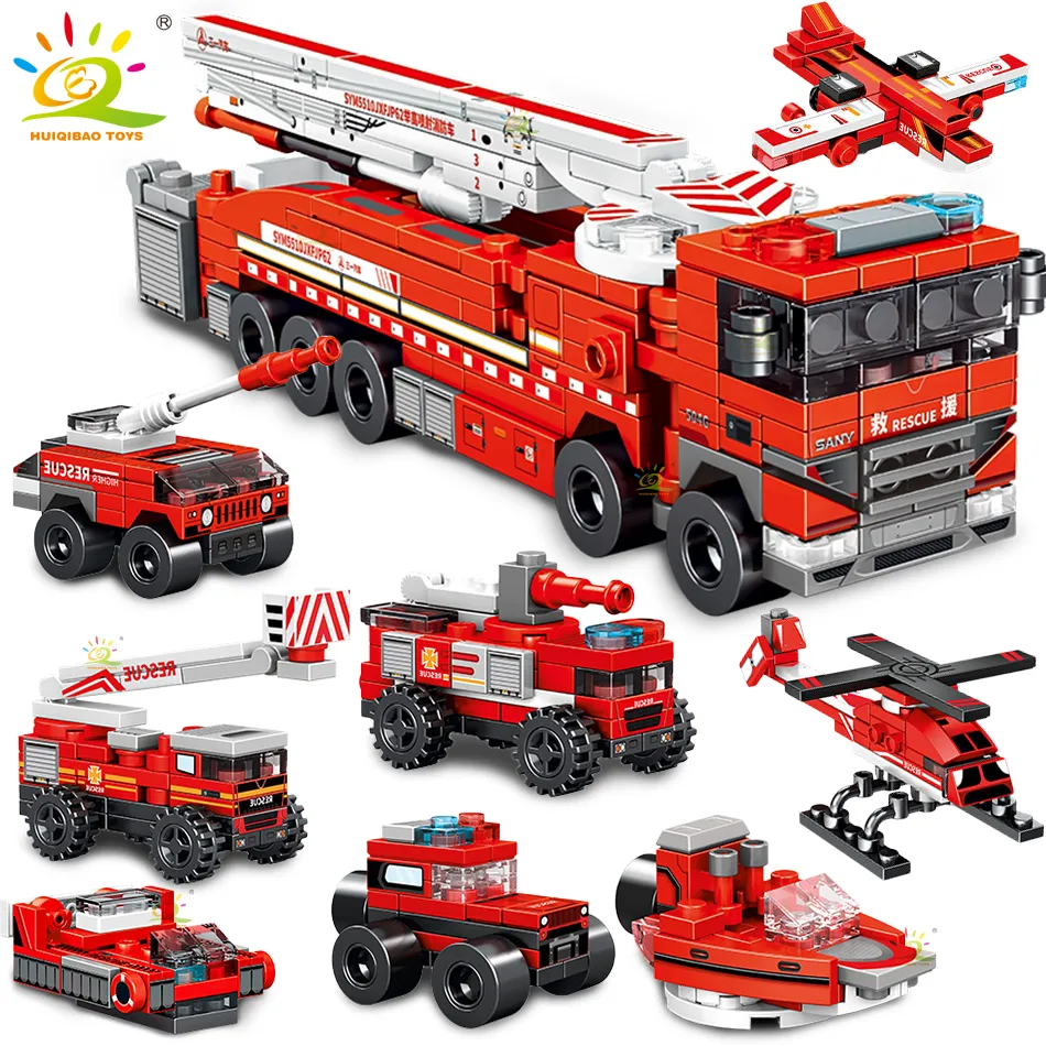 HUIQIBAO 327pcs 8in1 Fire Ladder Truck Building Blocks Firefighting Set Fireman Figure Bricks City Construction Toy - LEPIN LEPIN Store